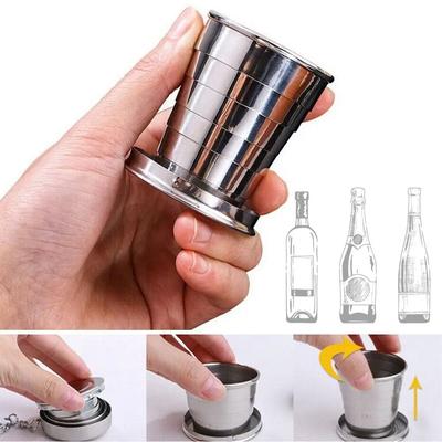 Cupă pliabilă din oțel inoxidabil ceașcă portabilă de băut cu apă, cești pliabile telescopice retractabile pentru călătorii în aer liber cu breloc