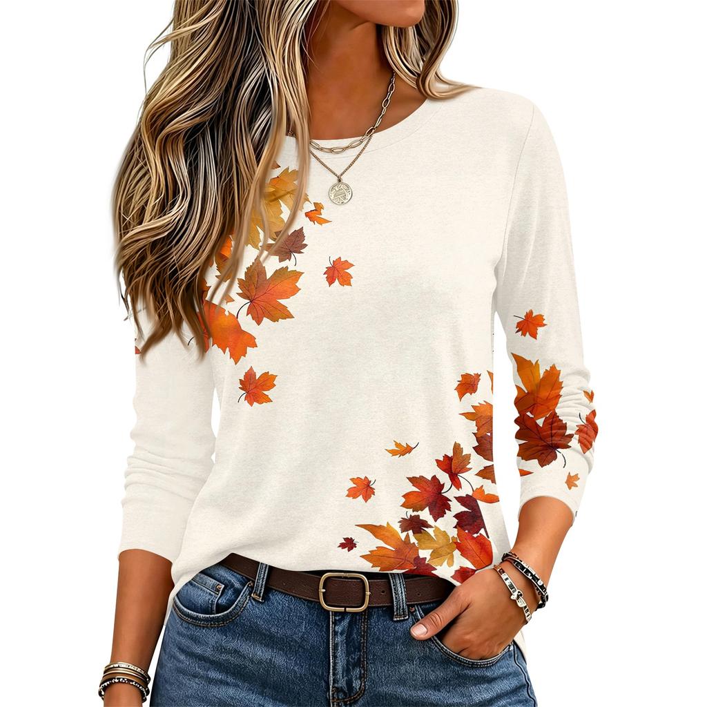 Women's Long Sleeve Neck Pullover Top with Leaf Print for Casual Daily Wear