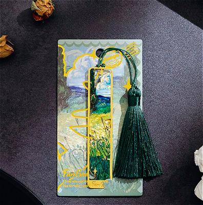 Vintage olejomalba kovová záložka - Dutá zlatá fóliová třásňová záložka - Dárek pro knižní kluby a milovníky knih