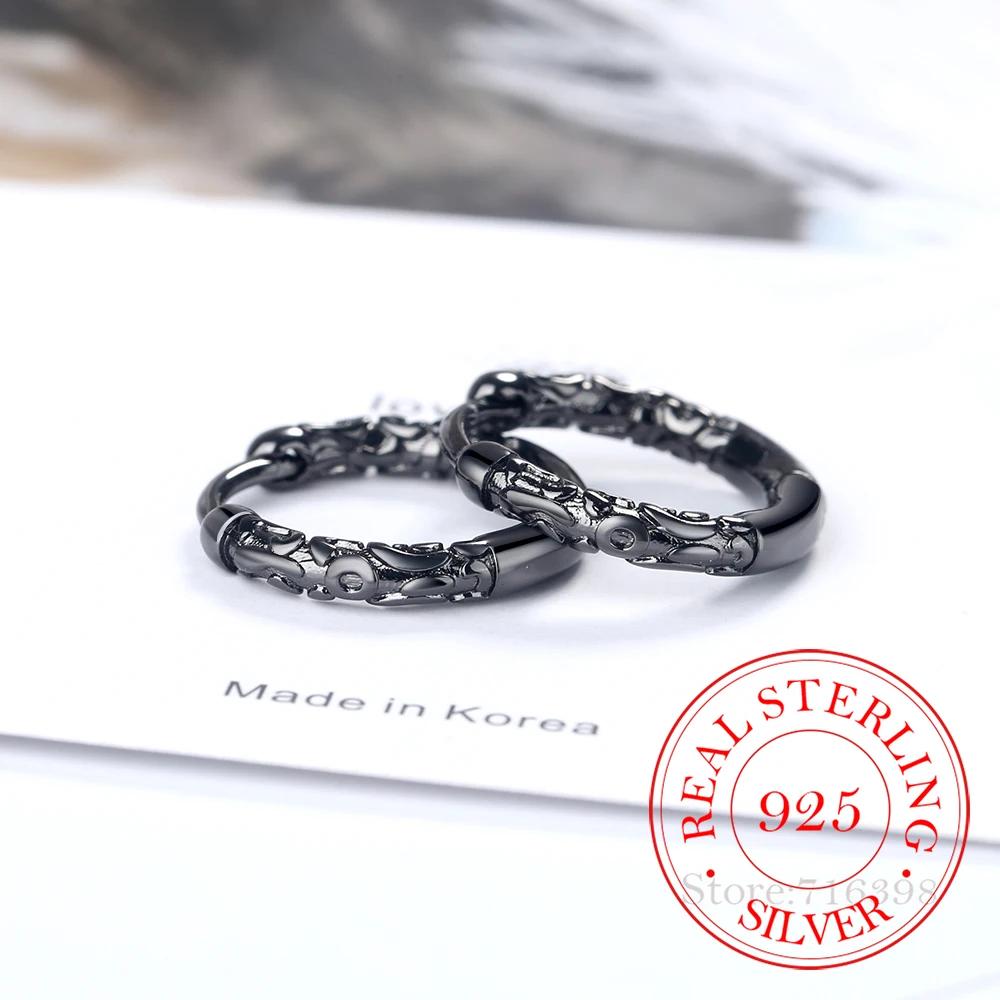 

New Korean Vintage 925 Sterling Silver Hoop Earrings Pattern Vintage Earring For Women Silver Jewelry Wedding Party Mum Gift чёрный