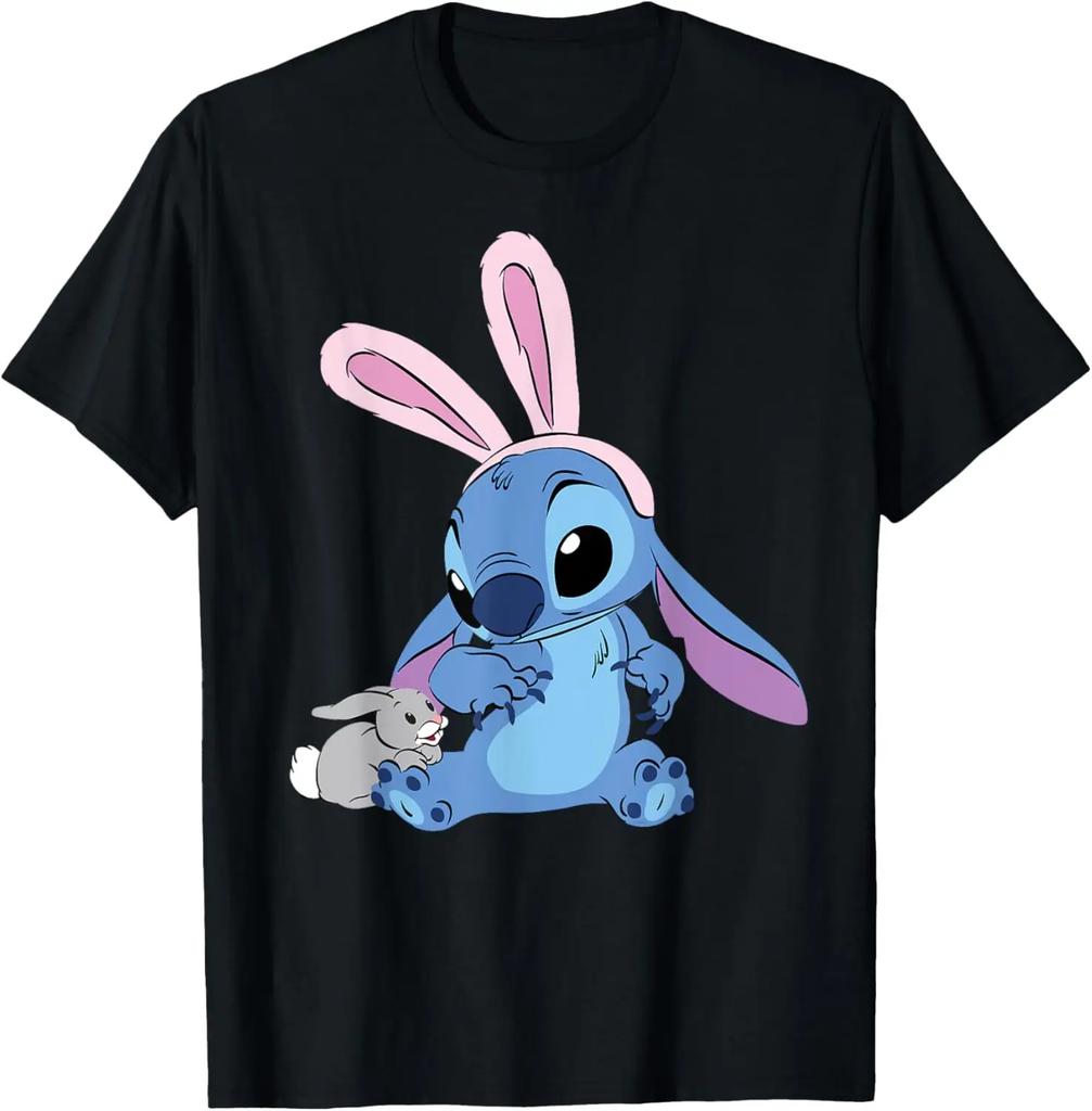 Hot Fashion Casual Disney Stitch in Easter Bunny Costume with Cute Fuzzy Friend T-Shirt S-4XL Summer