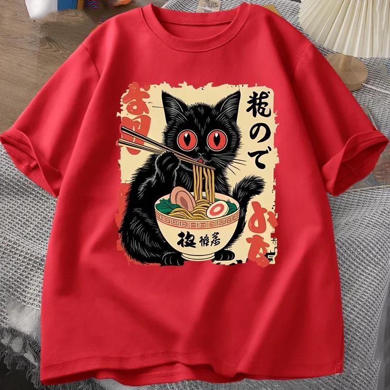 Vintage Japanische Schwarze Katze Ramen Damen T-Shirts Niedliche Grafik Lustige Katze isst Ramen Gedruckt Harajuku Kurzarm Freizeit Oberteil Tee