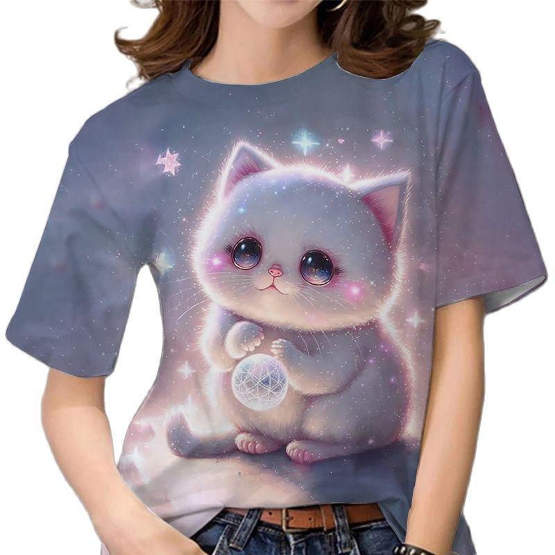 Top de vară cu gât rotund, cu model 3D cu pisică imprimat, la modă, casual, cu mâneci scurte, tricouri de damă