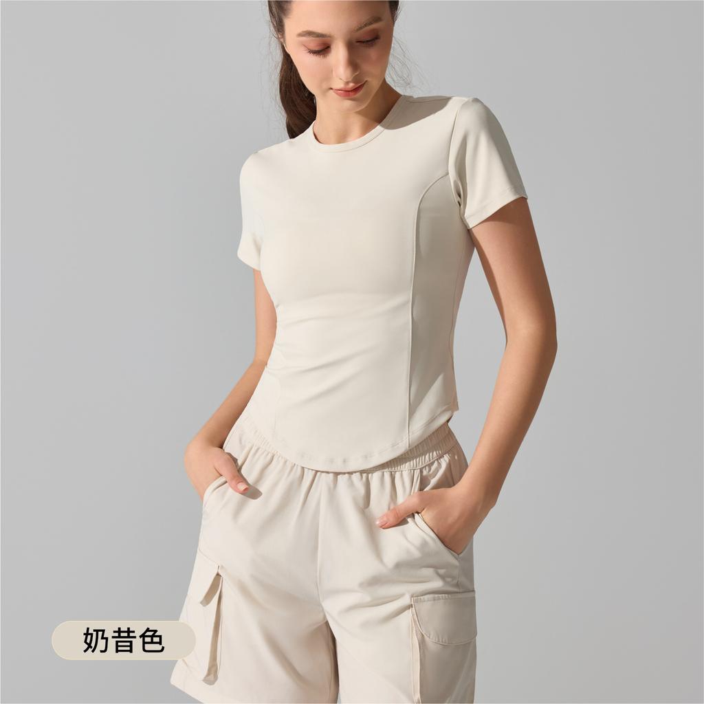 Antibacterial Crew Neck Yoga Suit Running Top Slim-fit T-shirt Waist Cover Flesh Skinny Sports Fitness Short Sleeve Women