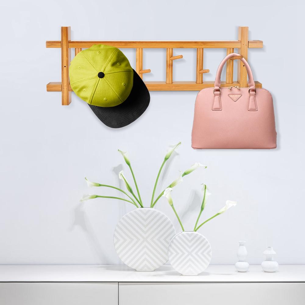6 Hooks Wall Mounted Clothes Coat Hat Hanging Rack Bedroom Wall Hanger OrganizerBamboo Color