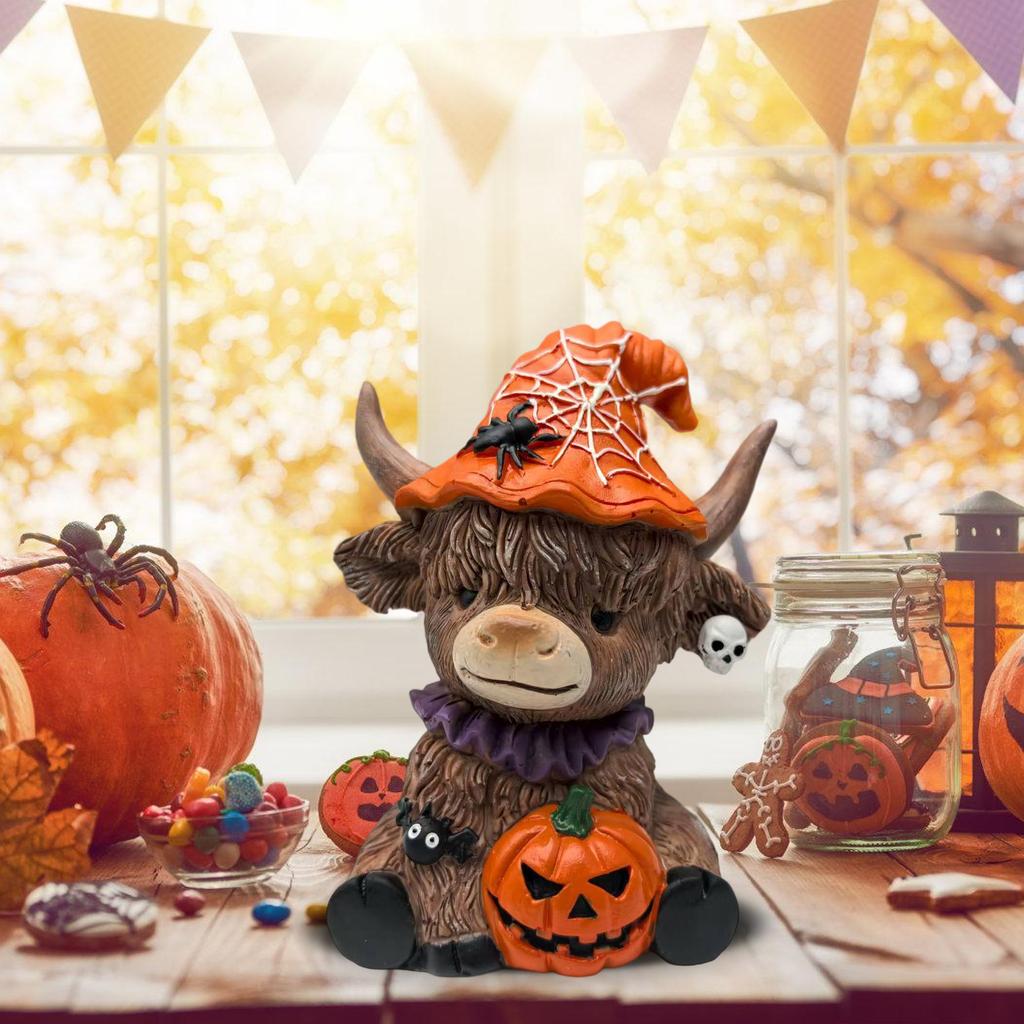 Halloween Highland Cow Holding Skull Pumpkin Resin Statue Festives Home Table Decors Ornament Resin Miniature Sculpture