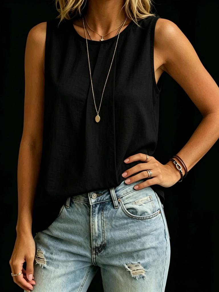 Fashion Loose Women Solid Color Irregular Sleeveless Round Neck Tank Top