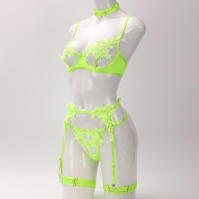 Sexy Choker Applique Embroidered Underwire Push Up Garter Belt Lingerie Set for Womater soluble flower girl clothing mesh perspe