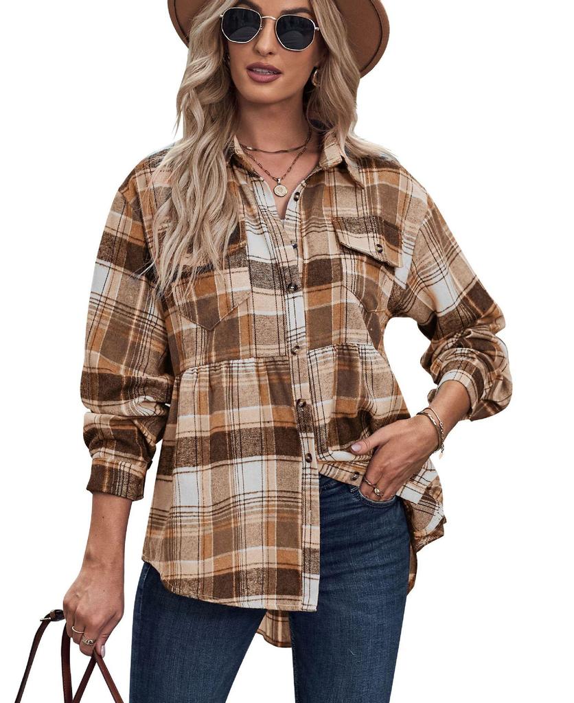 Women's Blue Orange White Checkered Shirt with Pockets, Casual Long Sleeve Plaid Top