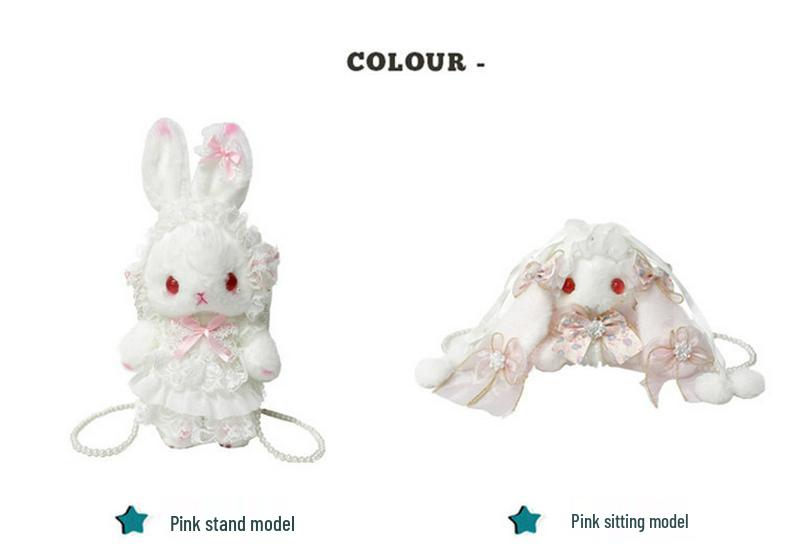 Lolita Plüsch Hasen Tasche mit Schleife, Perlenkette und Herz Design - Süße Girly Umhängetasche