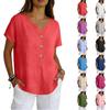 Women’s Linen Short Sleeve V Neck Button Down Loose Fit Casual Blouse Lightweight Summer Top for Daily Wear
