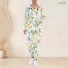 Women Plus Size White Green Floral Printed Nurse Scrub Set V Neck Long Sleeve Pockets Top And Long Pants