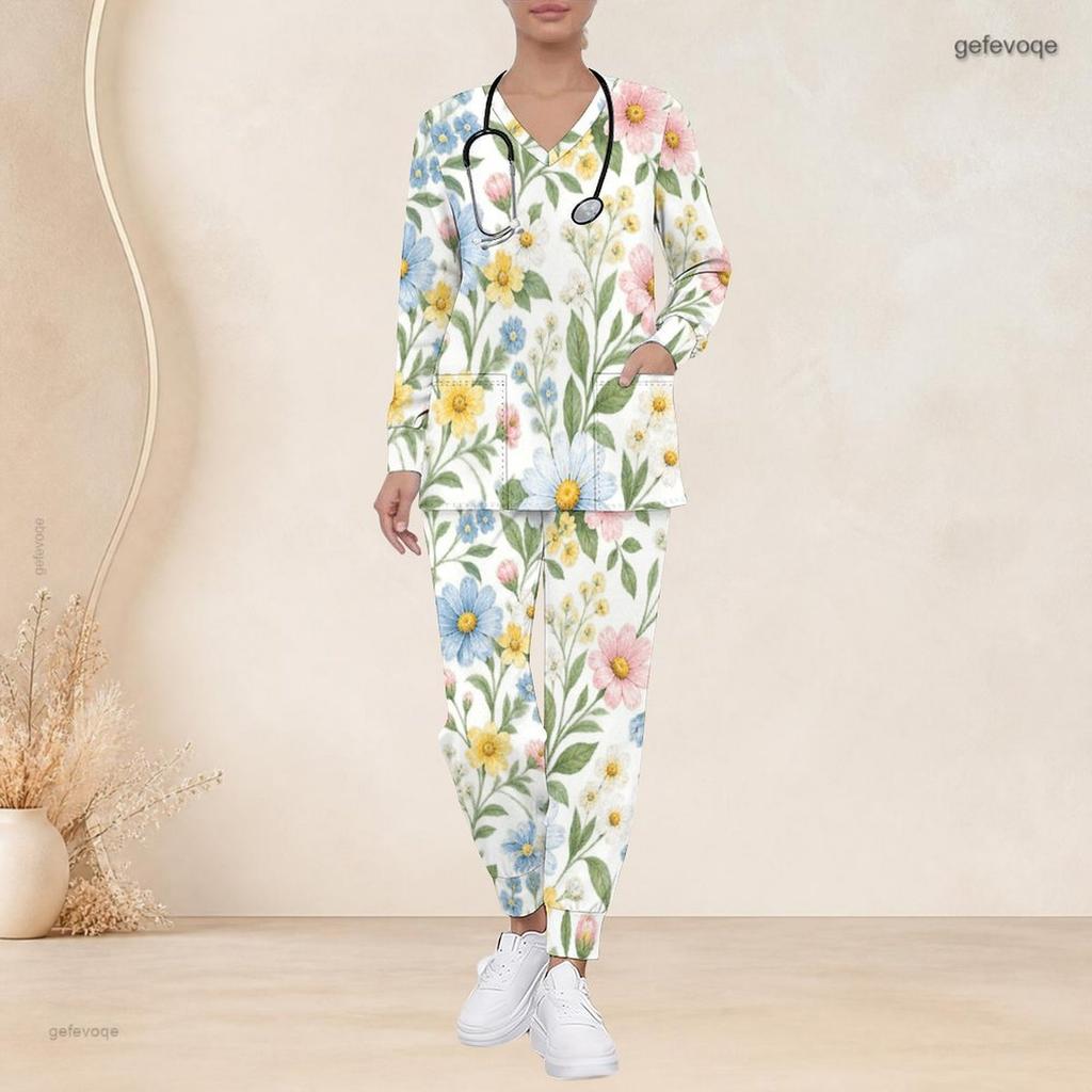 Women Plus Size White Green Floral Printed Nurse Scrub Set V Neck Long Sleeve Pockets Top And Long Pants