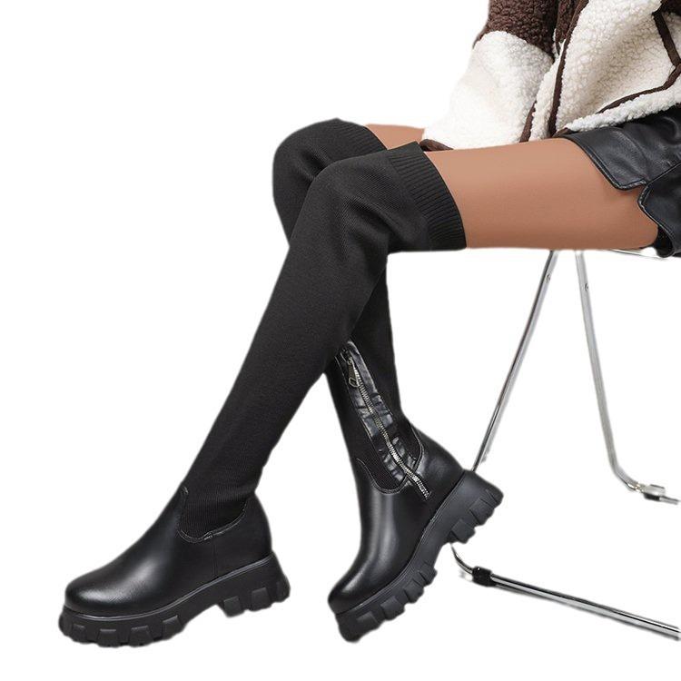 New Boots Women's Over-Knee Round Head Fly-Knitted Boots Women's Thick-soled Boots
