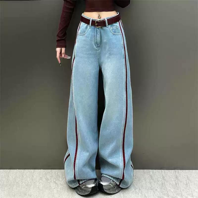 

Women s Spring Embroidery Spelling Stripe Wide Leg Jeans Personalised Temperament Washed Pants XXS синий