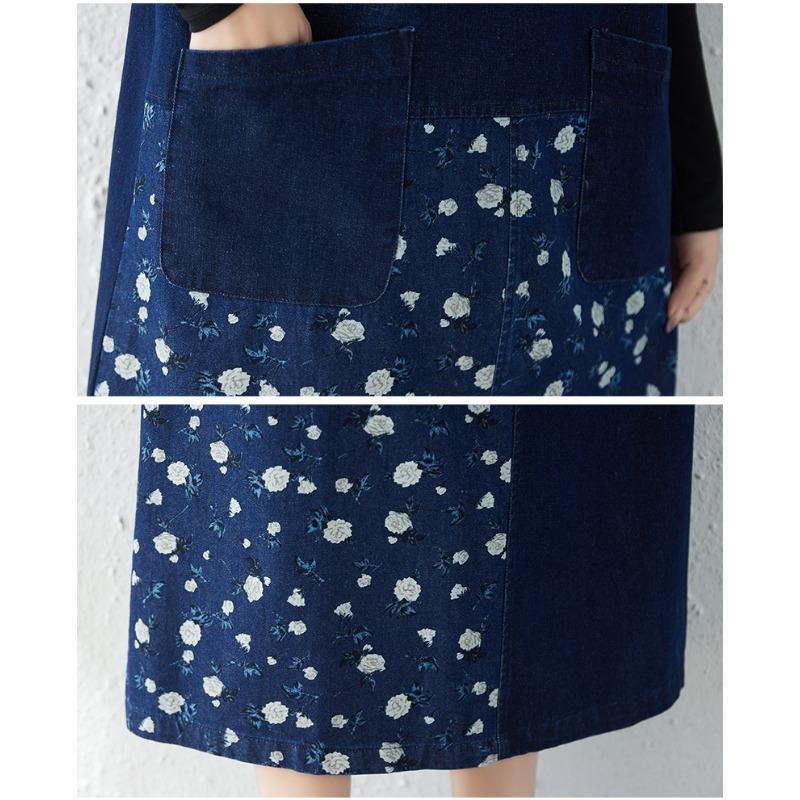 DIMANAF Damen Übergröße Jeanskleid Blumendruck Ärmellos Baumwolle Vintage Locker Lässige Kleider Maxi Langes Kleid