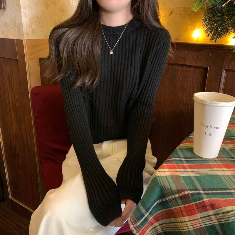 Front shoulder knitted sweater women's soft waxy texture sweater autumn and winter style waist and thin inner long-sleeved bottoming top