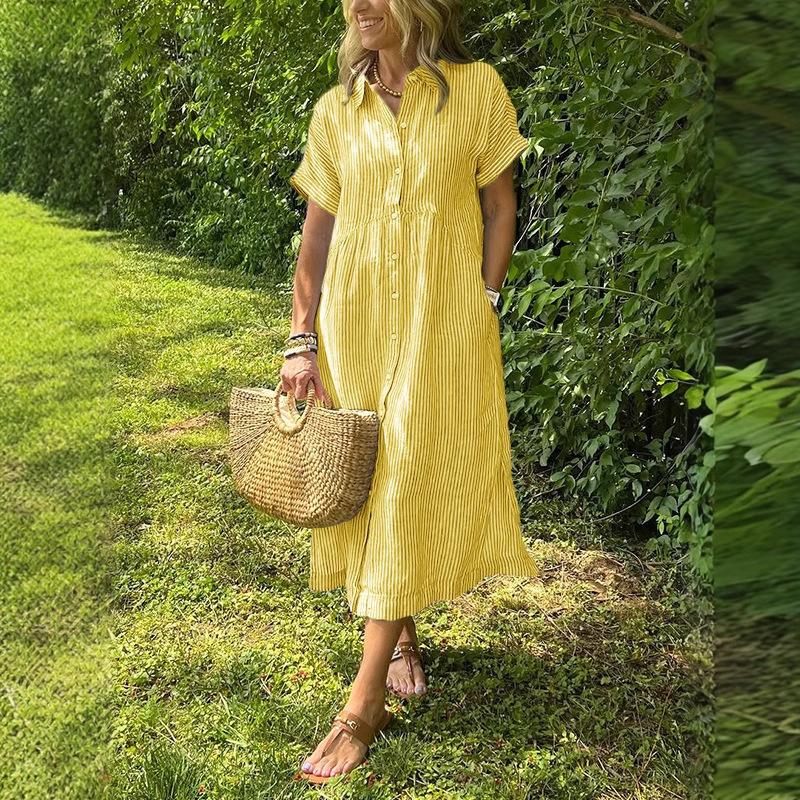 Women Striped Shirt Dress Short Sleeve Lapel Casual Midi Dress with Asymmetric Hem