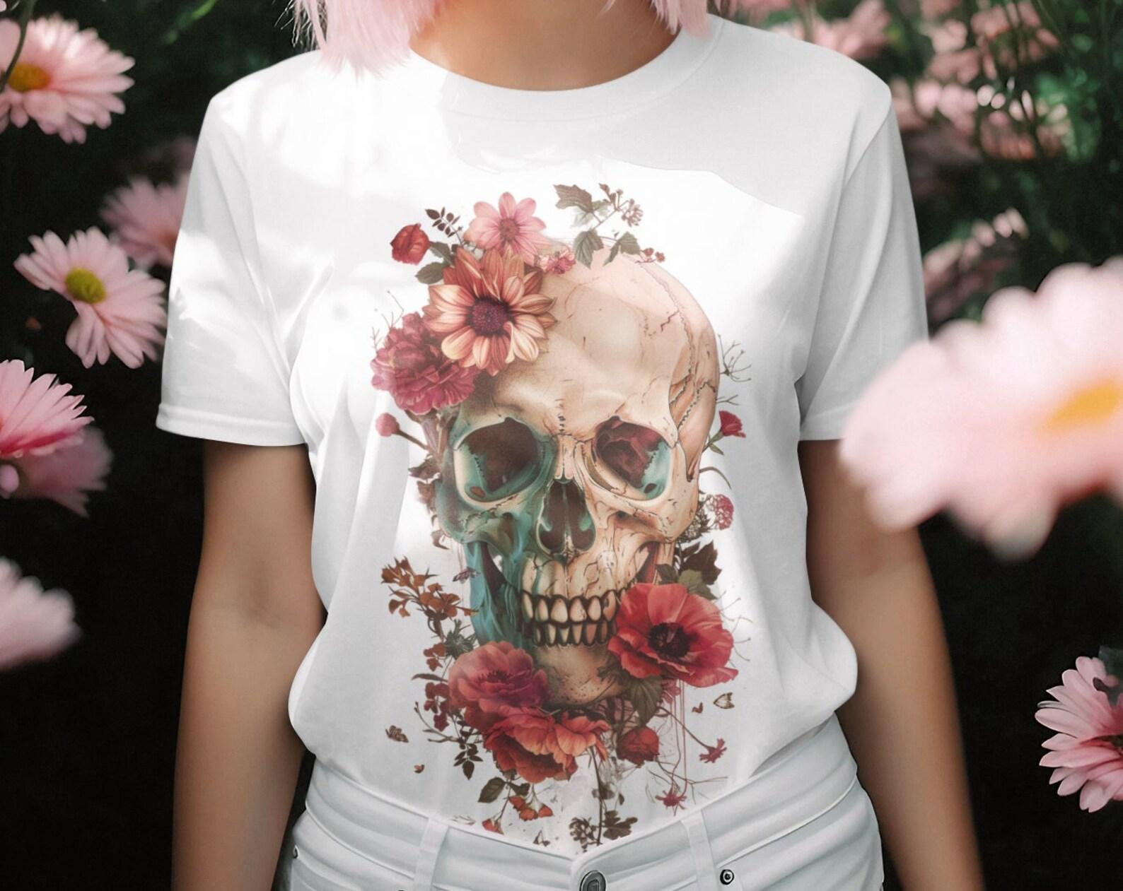 Floral Skull T-Shirt: Gothic Flower Skeleton Tee S