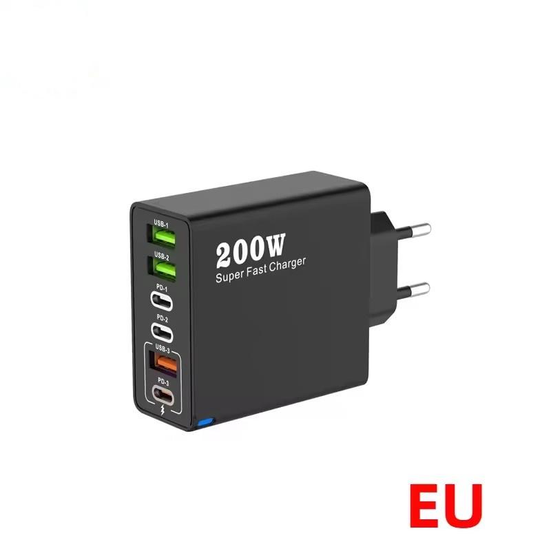 200W Super Fast Charging 6 Port USB C Charger PD3.0 USB C Type C Mobile Phone Charger For iPhone 16 Samsung ipad