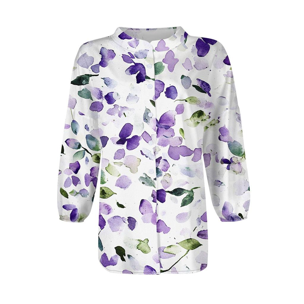 Cămașă de damă cu nasturi ocazional imprimeu modă gât rotund cu umăr cămașă Top cu șapte mâneci