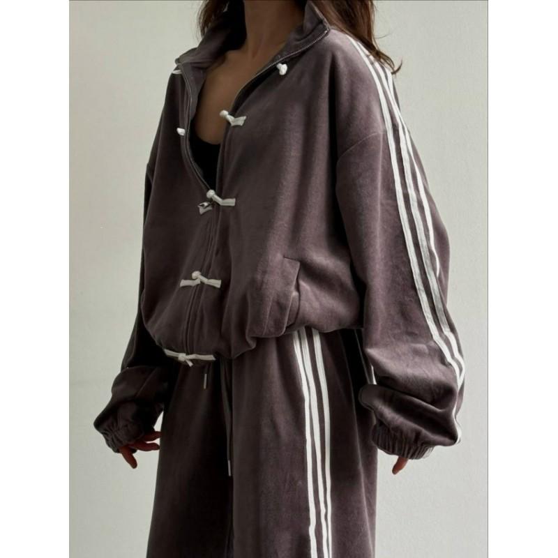 2026 Moda Żaba 3-Paski Dres Zestaw Vintage Kurtka ze Stójką Szerokie Spodnie Dresowe Damskie
