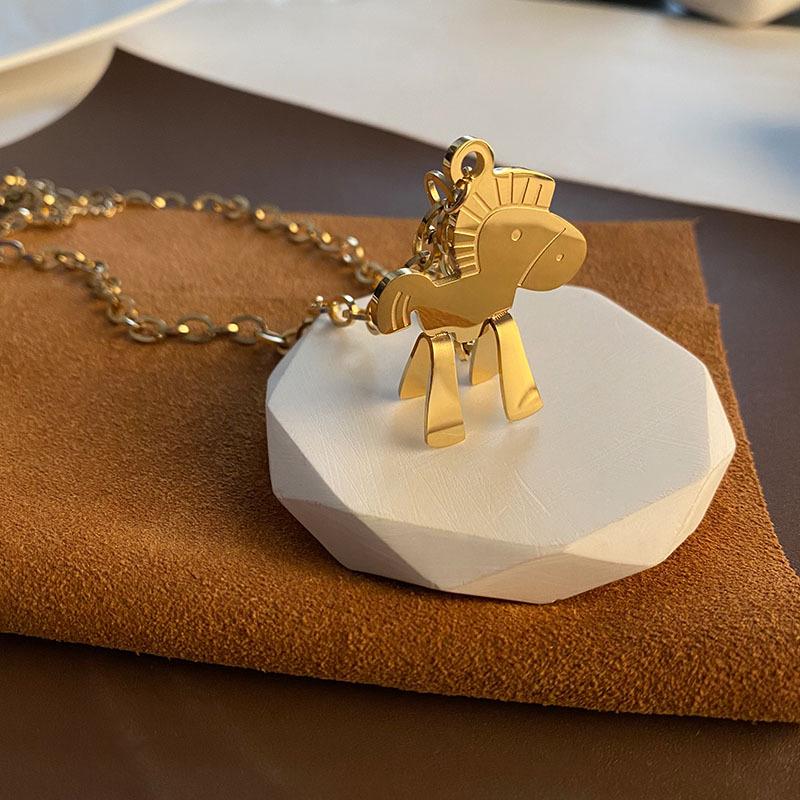 Korean Influencer Sweater Chain: Long, Non-Fading Little Horse Necklace Pendant in Titanium Steel for Women's Fashion.