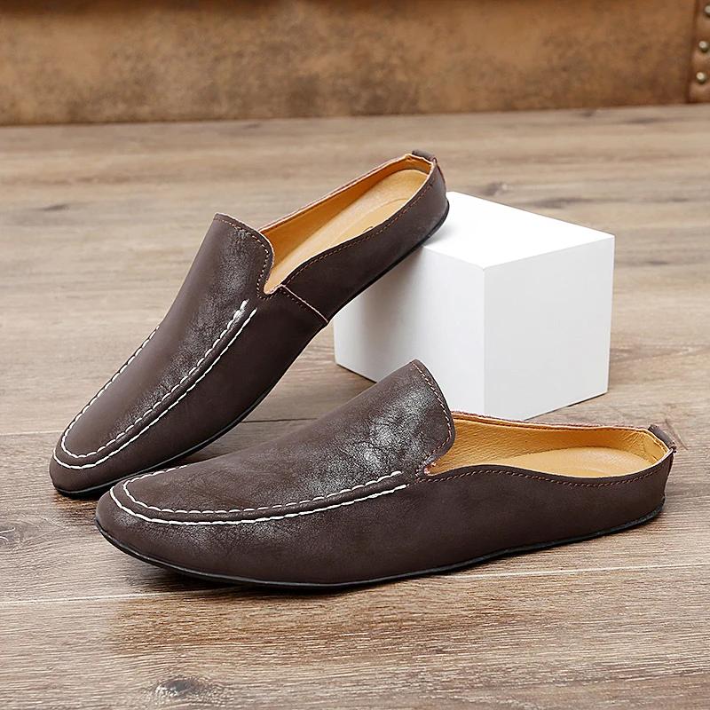 Genuine Leather Men Slippers Slip on Half Mules Summer Casual Shoes Breathable Sandals Lightweight Muller Shoes Comfy Lazy Shoes