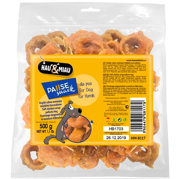 Przysmak, Przekąska Dla Psa Krążki Rybne Owinięte Kurczakiem Hau&Miau 500G