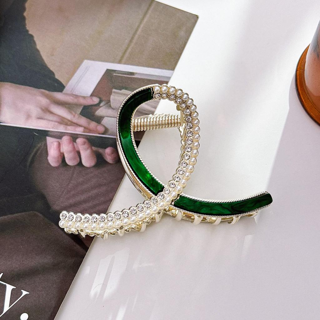 Elegant Korean Style Pearl And Rhinestone Hair Clip For Fashionable Women In Tortoise Shell And Pink Colors Green8.6cm