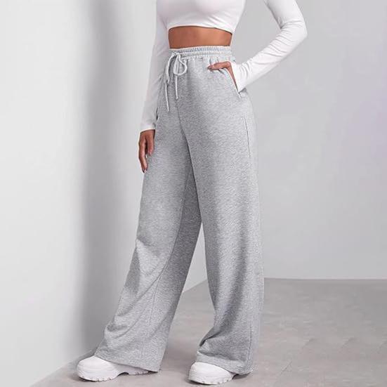 Women Wide Leg Pants Elastic High Waist Adjustable Drawstring Pure Color Long Sweatpants with Pockets Casual Lounge Pants Daily Wear