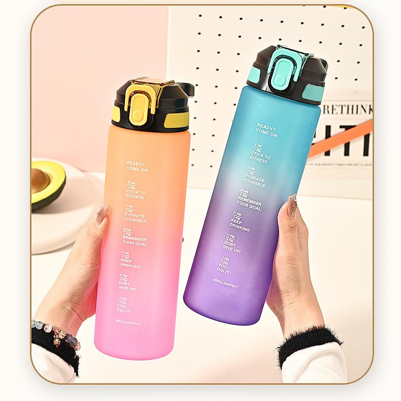 1000ml Gradient Matte Sports Water Bottle, Flip Straw Cup with Time Marker, Large Portable Plastic Jug for Fitness & Outdoor