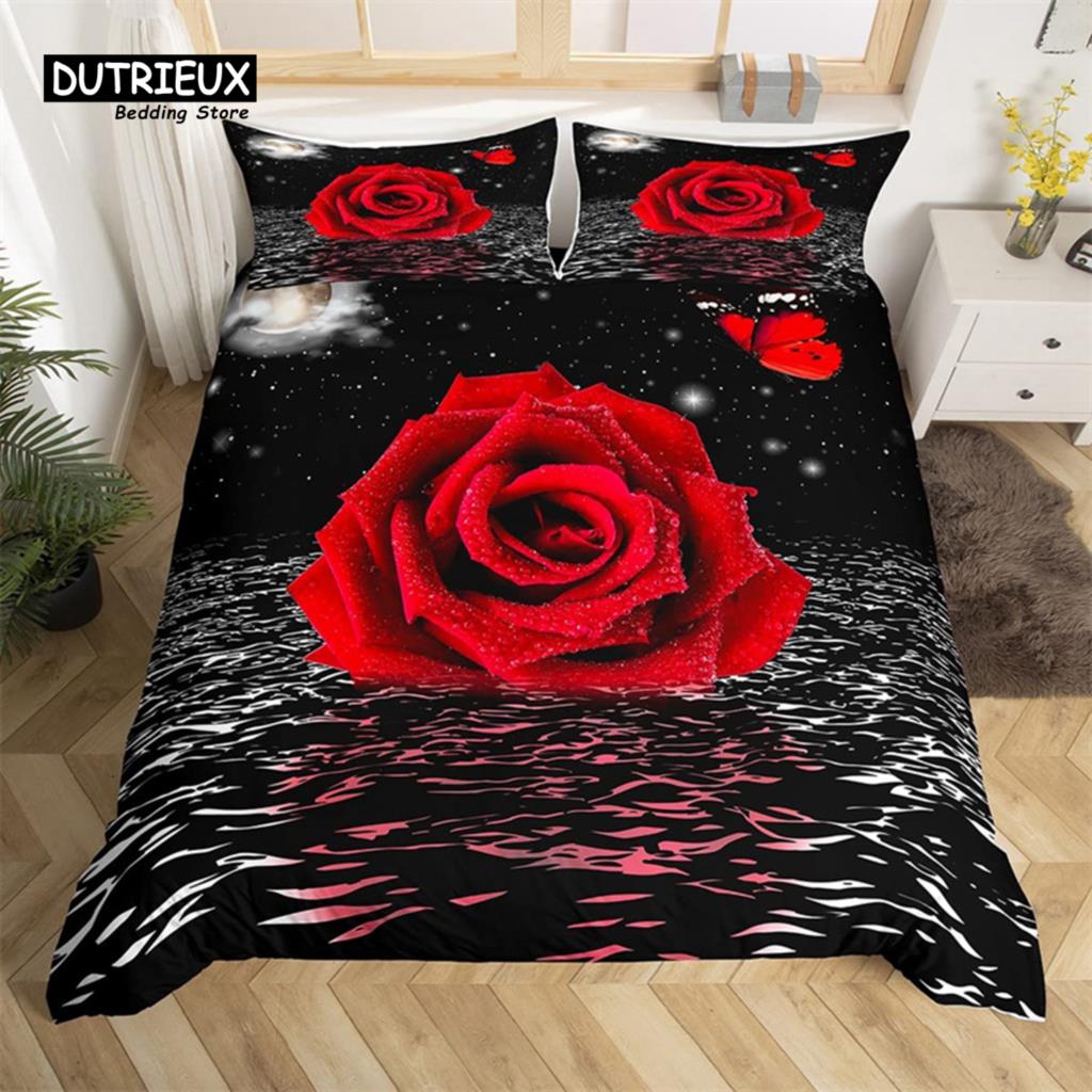 Red Rose Duvet Cover Twin King Romantic Theme Floral Bedding Set Microfiber Love Heart Flowers Quilt Cover For Girl Teen Wedding
