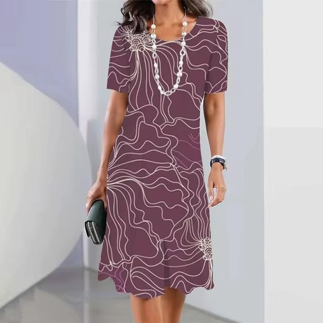 3D geometric stripe print elegant women's short-sleeved summer dress