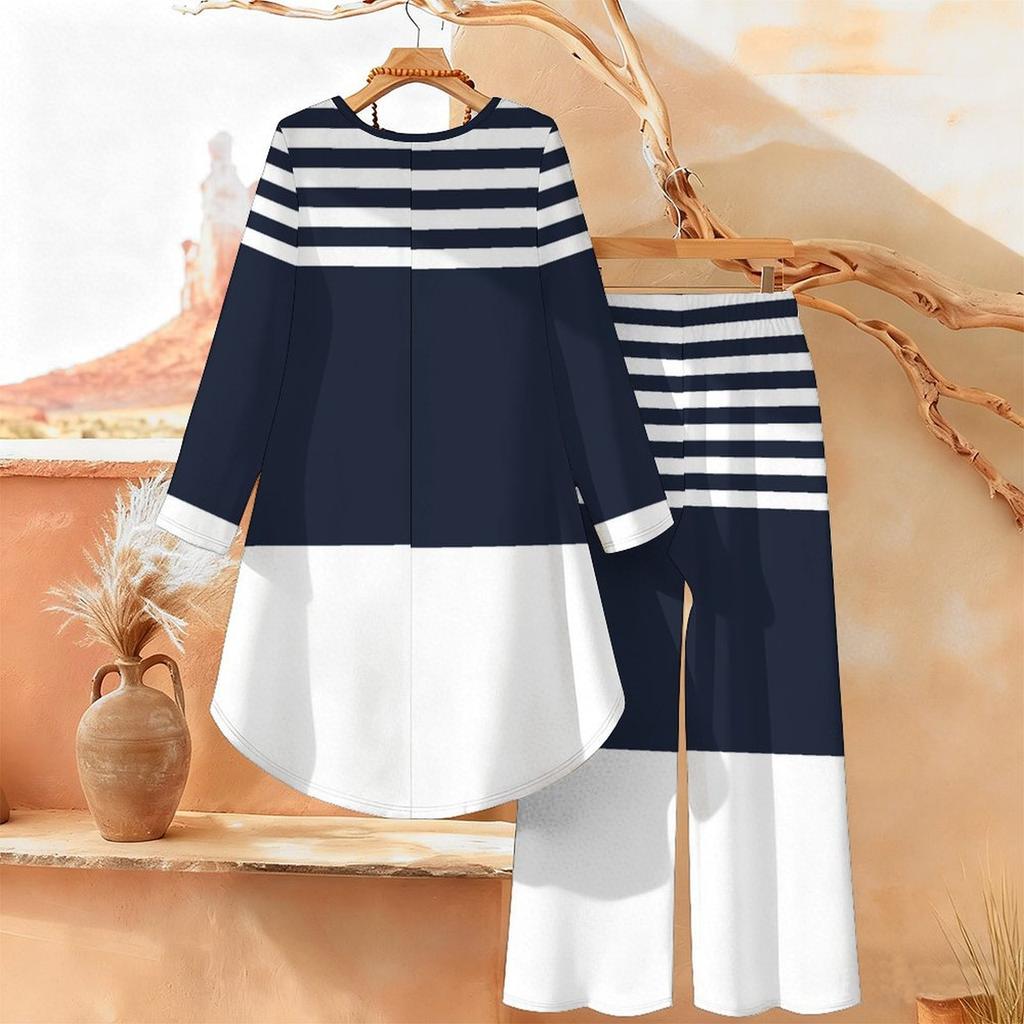 Geometric Pattern Print Two Piece Outfit Women Long Sleeve Irregular Hem Tunic Top Wide Leg Pants Casual Matching Set