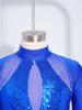 Kids Stage Performance Leotard Mock Neck Long Sleeve Sequins Rhinestone Mesh Patchwork Back Zip Split Wide Leg Jumpsuit for Lyrical Dance