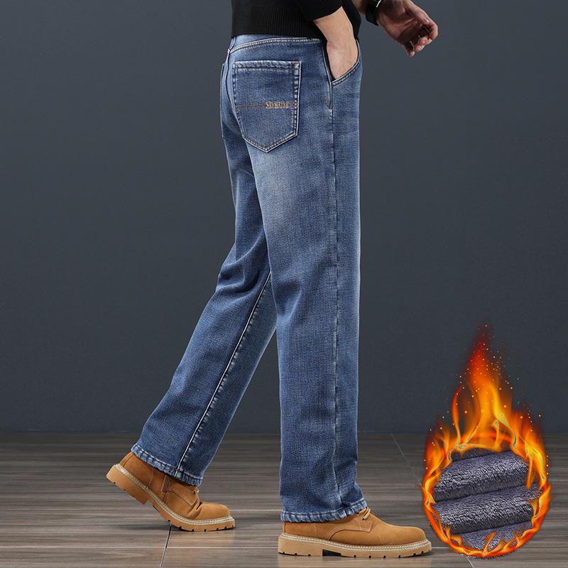 Men's Plus Velvet Loose-Fit Straight Jeans with Oblique Pockets - Versatile Autumn/Winter Nine-Point Pants (Large Size Available)