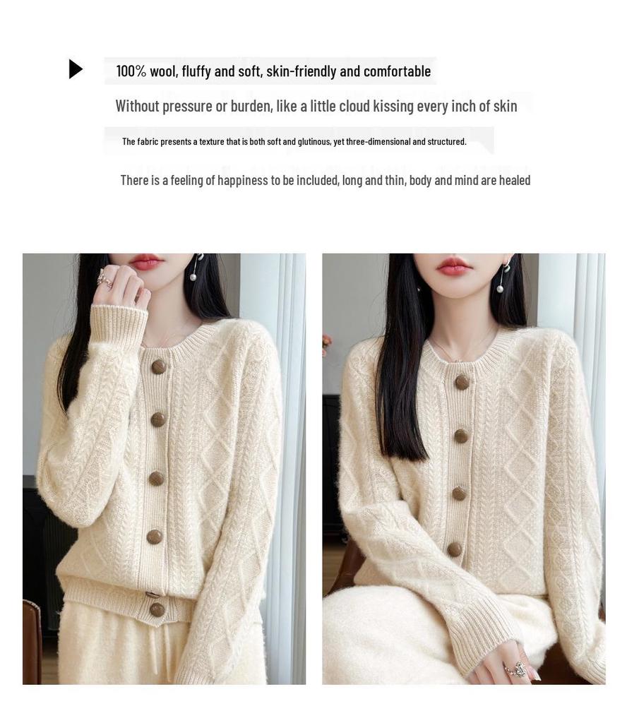 Women's Retro Cable Knit 100% Wool Cardigan - Soft Thickened Old Money Style Sweater Coat