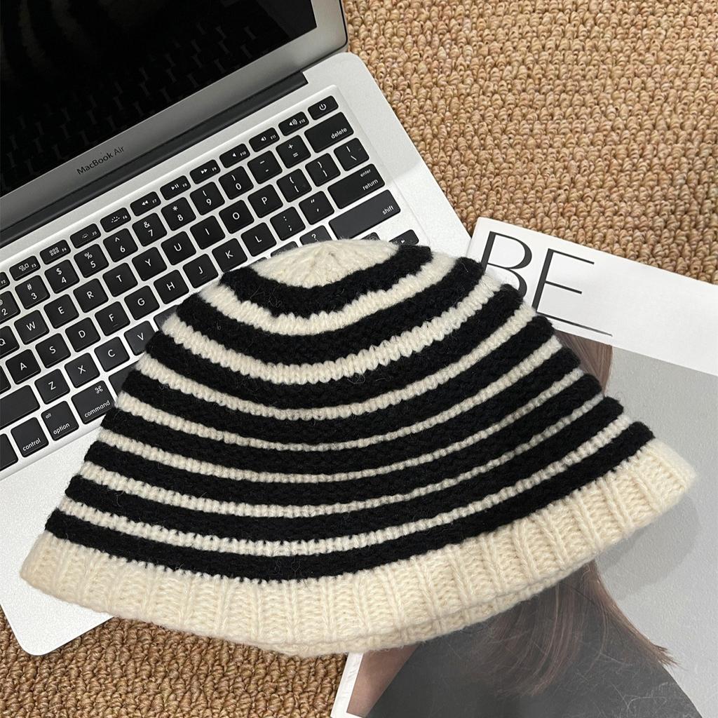 Sweet Knitted Striped Bucket Hat Women's New Autumn and Winter Wool Basin Hat