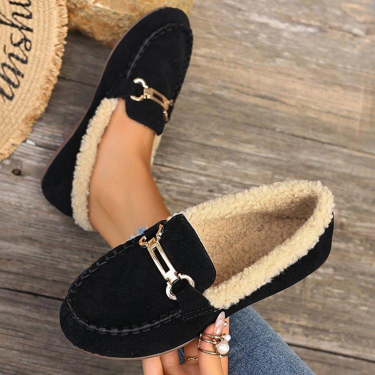 Baumwollschuhe Damen Herbst und Winter flachsohlige Samt warme Oberbekleidung weichsohlige flachsohlige Mützen-Schuhe flauschige kleine Lederschuhe rundto