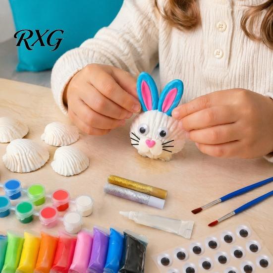 Children Shell Painting Kit 1/2 Sets DIY Craft Kit, with Natural Shells, Modeling Clay, Pigments, Art Glue, Eyes, Handmade Seashell Crafts Supplies