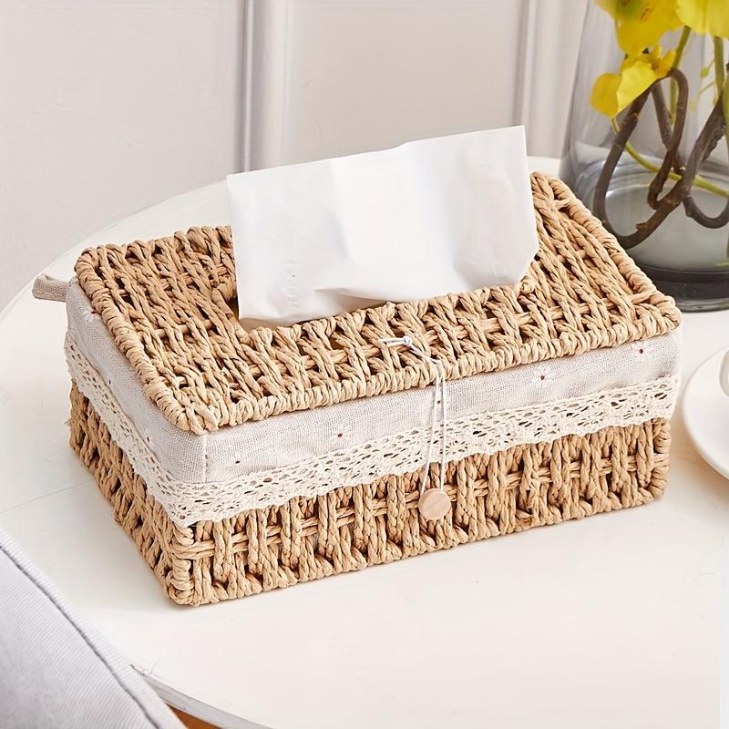 Durable Paper Rope Vintage-Style Woven Tissue Box Cover with Lid - Storage Organizer for Home Decor, Utility Hooks