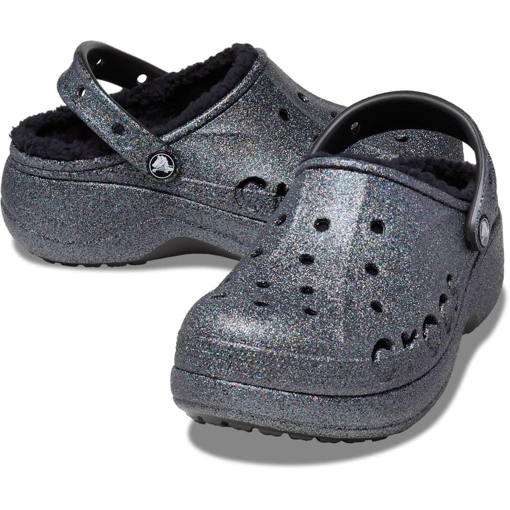 Crocs Baya Platform Lined Glitter Clog Sandals for Black Cm Women, Glitter, 24.0