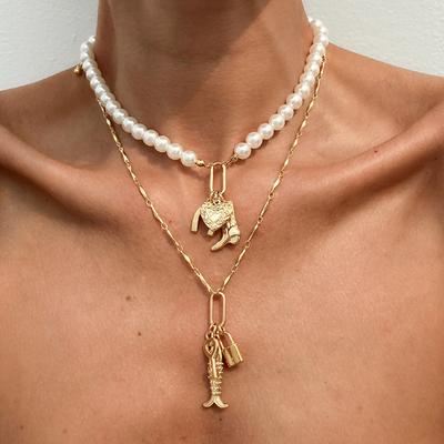 Baroque Pearl Beaded Necklace Vintage Love Fish Alloy Pendant Collarbone Chain Multi-layer Stacking Literary Retro Women's Necklace