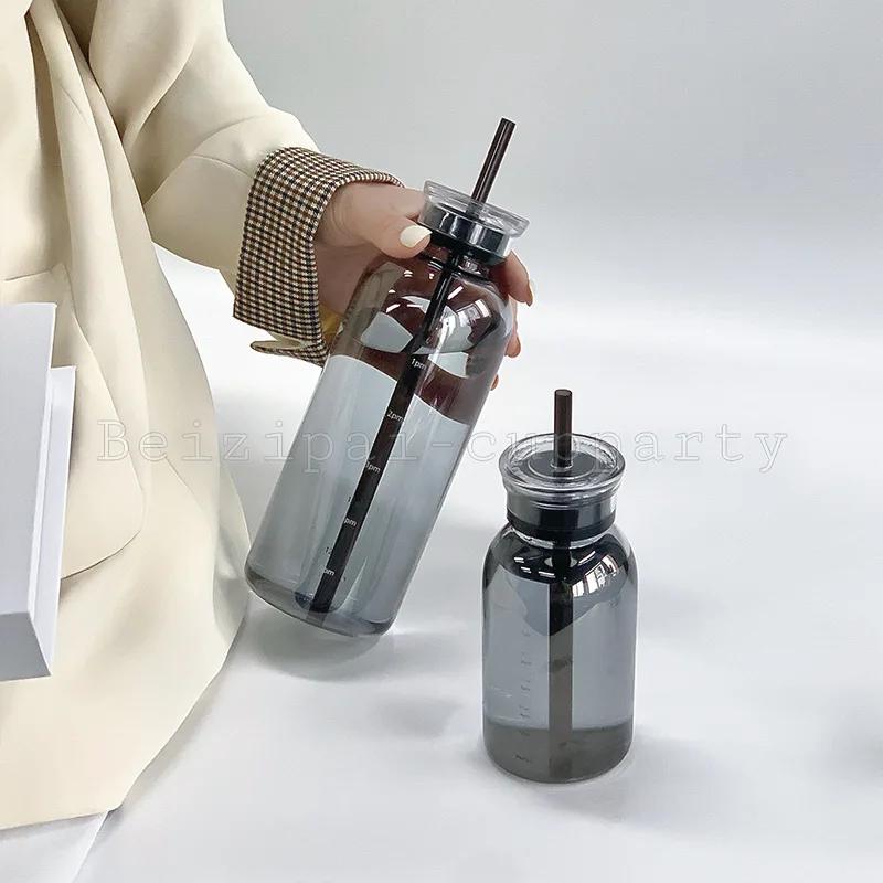 450/750ml Large Glass Water Bottle with Straw 2 Lids Clear Kawaii Drinking Bottle Leakproof Cup for Woman Girl