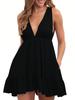 Womens Summer Deep V Neck Ruffle Mini Dress Backless Strappy Beach Dress