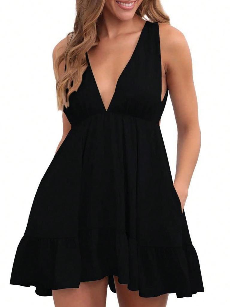 Womens Summer Deep V Neck Ruffle Mini Dress Backless Strappy Beach Dress