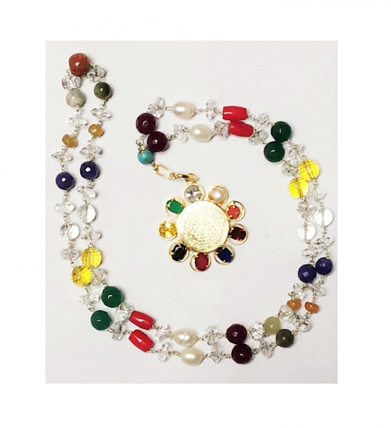 Чётки Навратан для Наваграха Шанти с кулоном, Original Navratan Mala For Navgreh Shanti With Pendant, Kalyan Puja