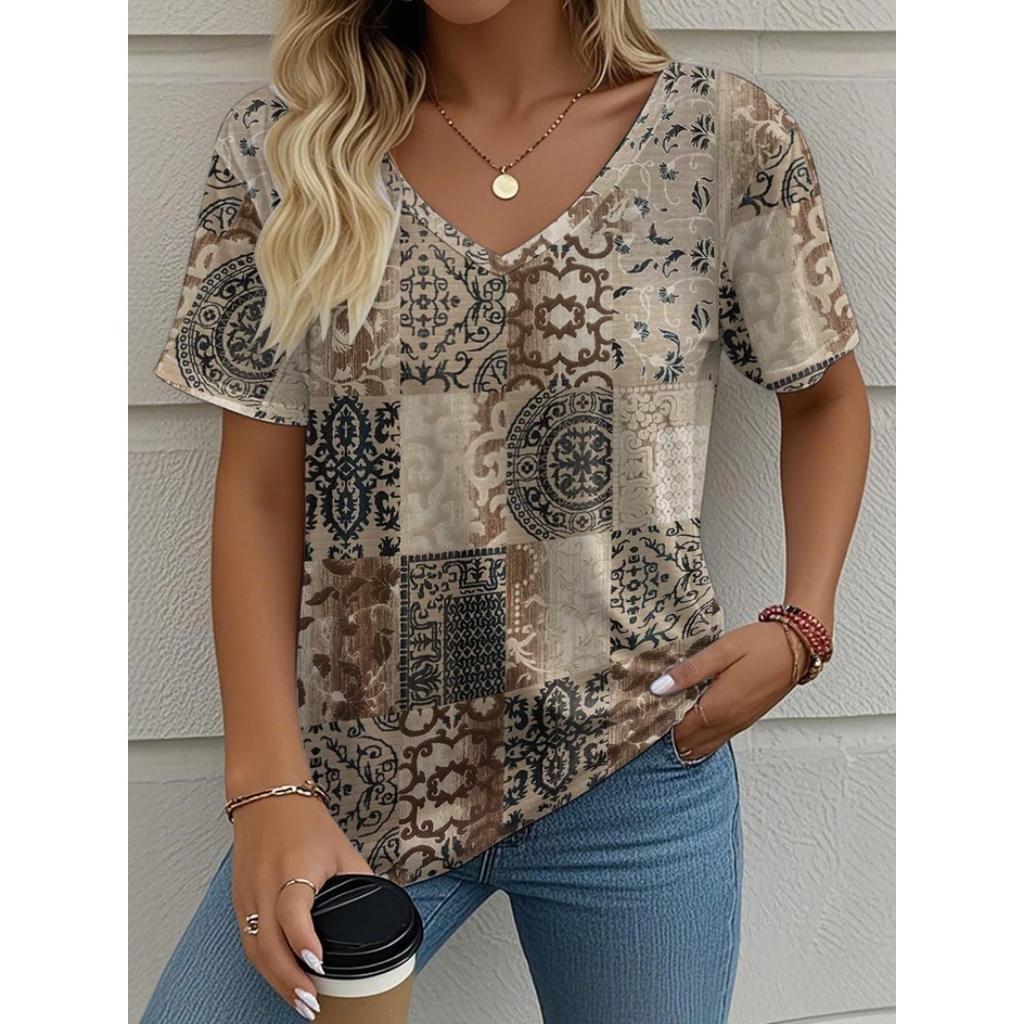 Summer V-neck Vintage 3D Printed Top Fashionable Casual Short Sleeved Women's T-shirts