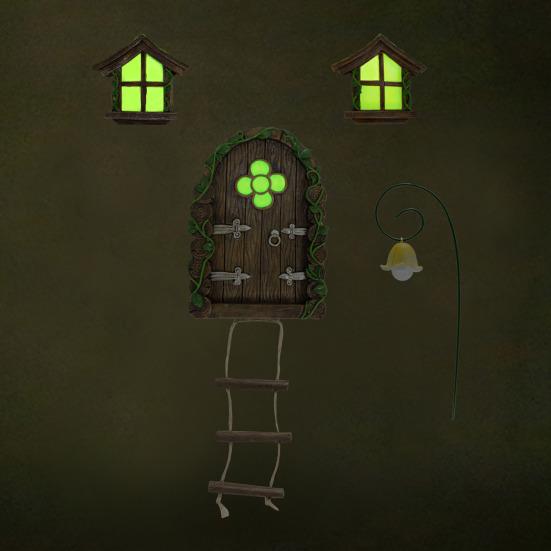 1 sett Lysende Fairy House Figur Tre Hengende Statue Vindu Dør Gatelampe Fairy Resin Håndverk Dekor Utendørs Ornament